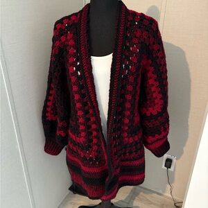 Cozy Red and Black Women's Hand Crochet Sweater